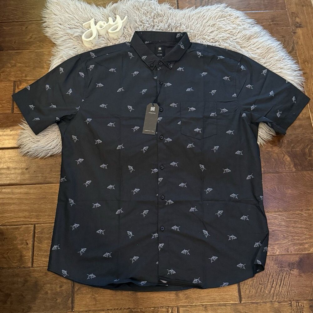 Visive Mens Shirt Size 2XL Shark Short Sleeve Button Up Novelty Black New